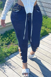 Tiefblaue, lässige, solide, ausgehöhlte Patchwork-Denim-Jeans mit hoher Taille