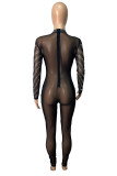 Black Fashion Sexy Patchwork Hot Drilling See-through Turtleneck Skinny Jumpsuits