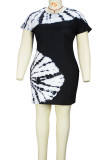 ブラックホワイトカジュアルプリントパッチワークOネックワンステップスカートプラスサイズのドレス