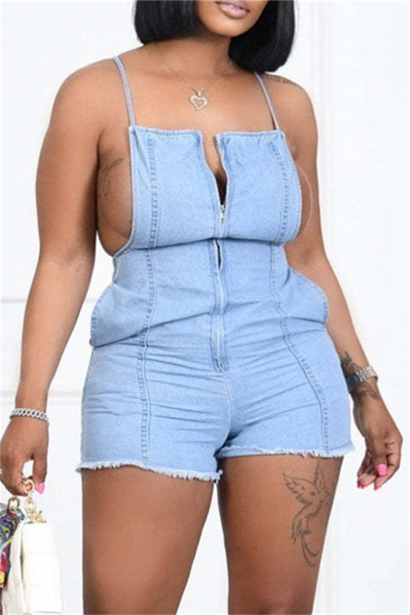 

Light Blue Fashion Sexy Solid Backless Cross Straps Spaghetti Strap Regular Romper