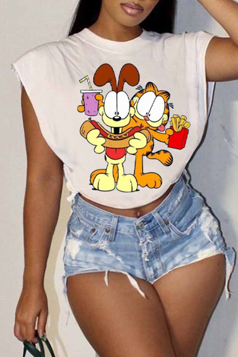 

White Fashion Casual Character Print Patchwork O Neck T-Shirts