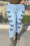 Medium Blue Fashion Casual Butterfly Print Patchwork Plus Size Jeans (Ohne Gürtel)
