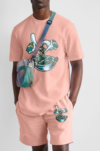 Pink Casual Print Patchwork O Neck Short Sleeve Two Pieces