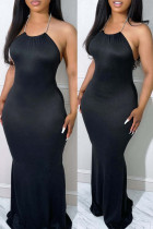 Черное модное сексуальное однотонное длинное платье с открытой спиной и лямкой на шее