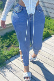 Djupblå Casual Solid, urholkat lapptäcke Jeans med hög midja