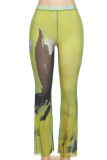 Calças com estampa de retalhos verde sexy estampa de retalhos de cintura alta para posicionamento de lápis