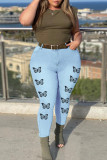 Azul Claro Moda Casual Borboleta Estampa Patchwork Jeans Plus Size (Sem Cinto)