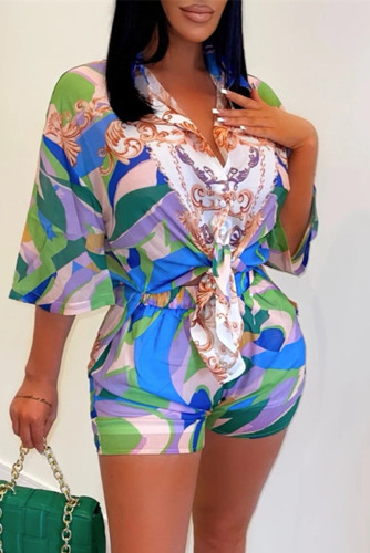 Multicolor Fashion Casual Print Patchwork Turndown Collar Short Sleeve Two Pieces