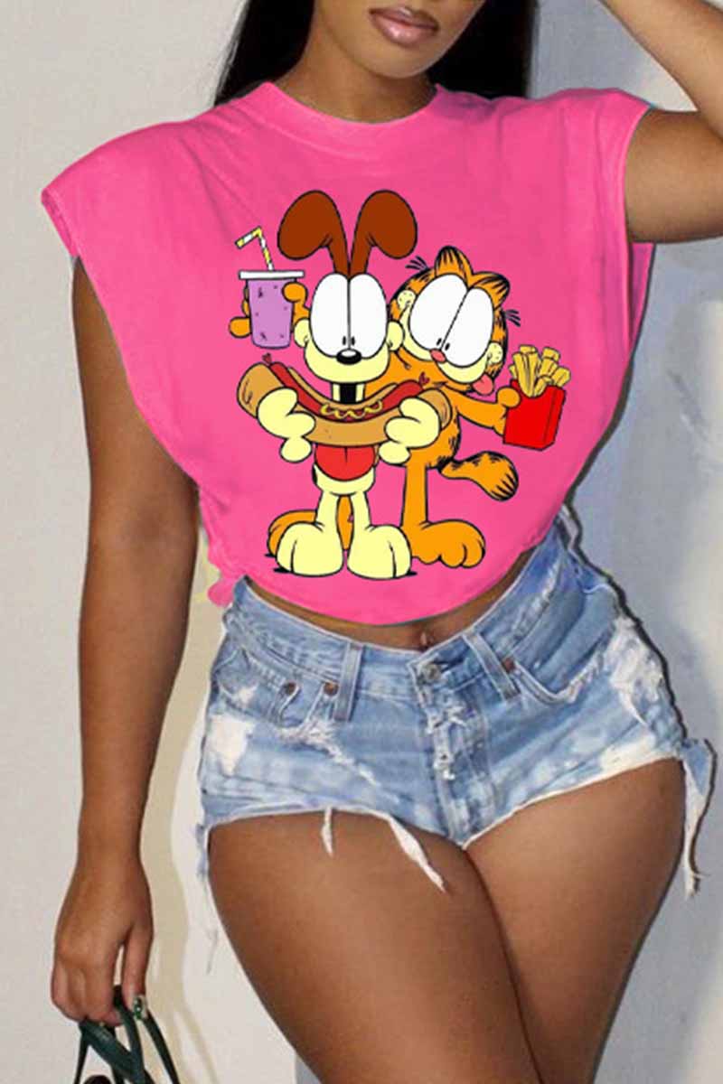 

Rose Red Fashion Casual Character Print Patchwork O Neck T-Shirts