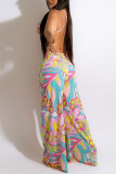Pink Sexy Print Patchwork Backless Spaghetti Strap Straight Jumpsuits