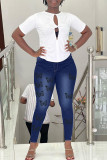 Azul claro moda casual borboleta estampa patchwork cintura alta jeans skinny