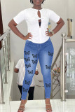 Голубые модные повседневные джинсы скинни с принтом бабочки в стиле пэчворк и высокой талией