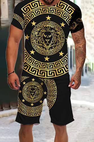 Yellow Fashion Print Patchwork O Neck Short Sleeve Two Pieces