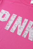 Bordeaux Fashion Casual Letter Print Patchwork O Neck Short Sleeve Plus Size Two Pieces