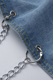 Black Street Solid Make Old Patchwork Spänne Kedjor Asymmetrisk Turndown-krage Långärmad Vanlig jeansjacka