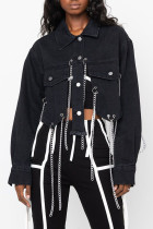 Black Street Solid Make Old Patchwork Buckle Chains Asymmetrical Turndown Collar Long Sleeve Regular Denim Jacket