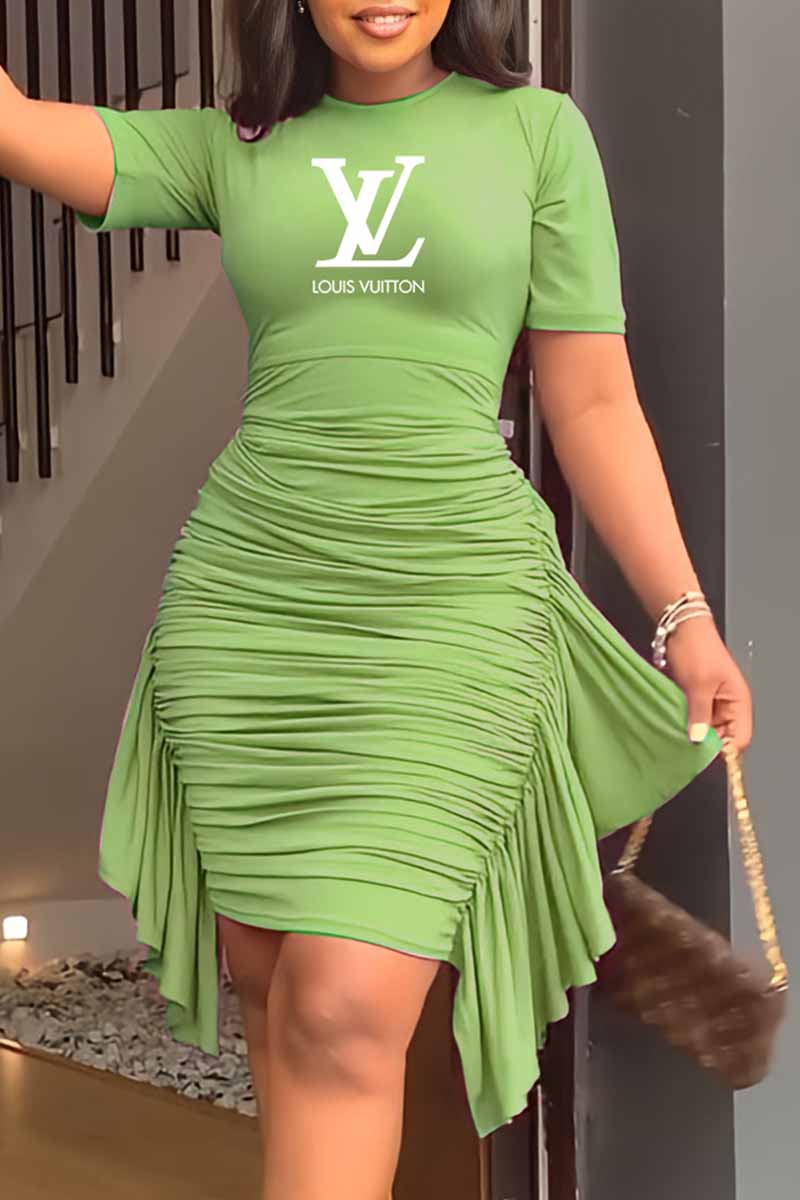 

Green Fashion Celebrities Letter Fold Asymmetrical O Neck One Step Skirt Dresses