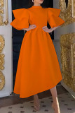 Vestido de noche de cuello alto medio de patchwork sólido formal de moda naranja