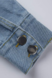 Black Street Solid Make Old Patchwork Spänne Kedjor Asymmetrisk Turndown-krage Långärmad Vanlig jeansjacka