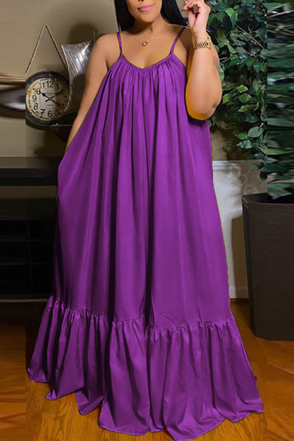 Фиолетовое сексуальное повседневное однотонное свободное платье на бретельках с открытой спиной