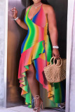 Цветное модное сексуальное лоскутное платье с открытой спиной и лямкой на шее без рукавов