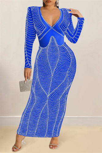 Blue Fashion Sexy Patchwork Hot Drilling See-through V Neck Long Sleeve Dresses