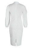 ホワイトファッションカジュアルソリッドくり抜かれたOネック長袖ドレス