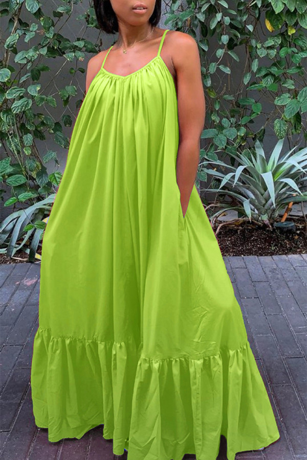 蛍光グリーンセクシーカジュアルソリッドバックレススパゲッティストラップルーズスリングドレス