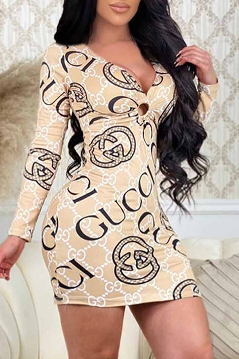 

Champagne Fashion Sexy Print Hollowed Out Letter V Neck One Step Skirt Dresses