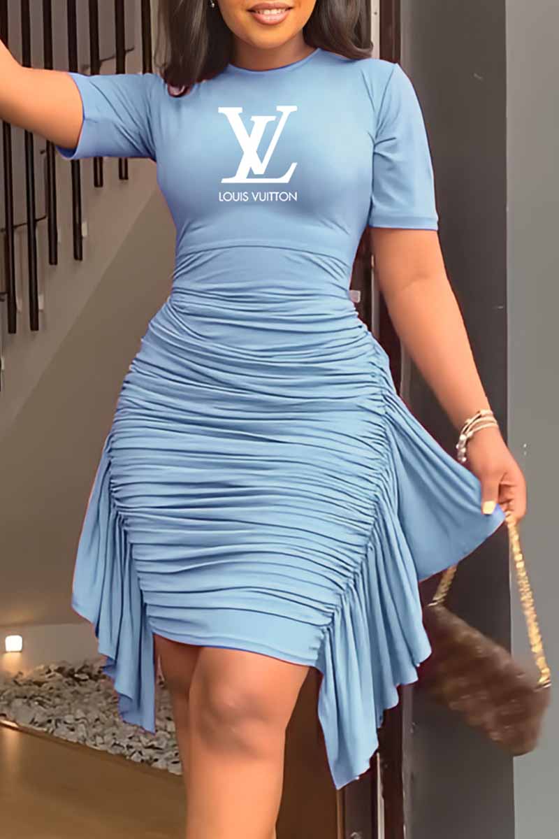 

Sky Blue Fashion Celebrities Letter Fold Asymmetrical O Neck One Step Skirt Dresses