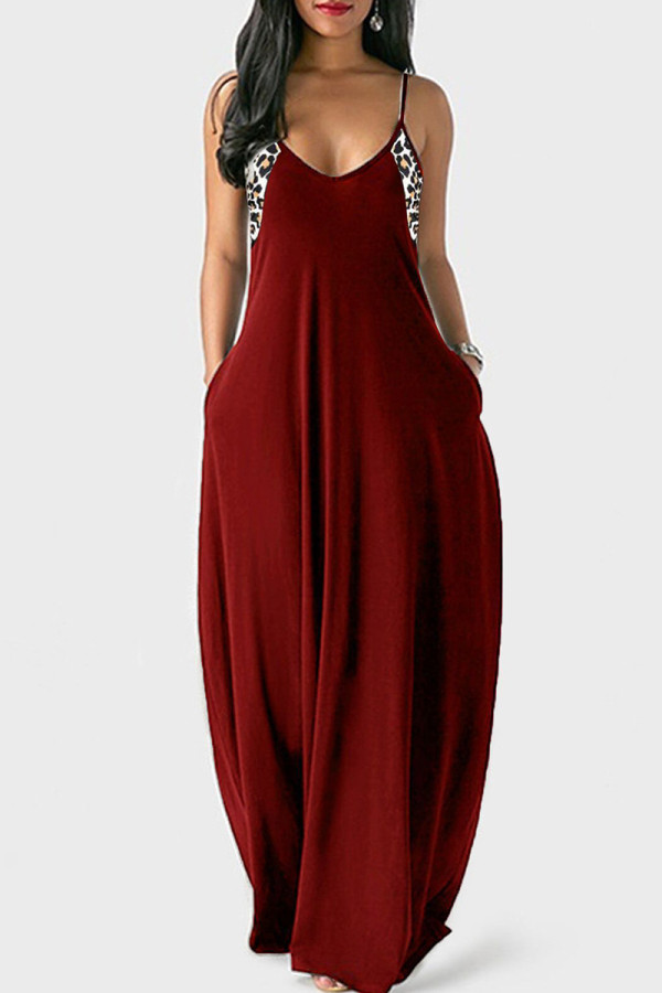 Red Sexy Casual Print Leopard Patchwork Backless Spaghetti Strap Long Dress