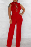 Red Fashion Casual Solid Patchwork Half A Turtleneck Regular Jumpsuits