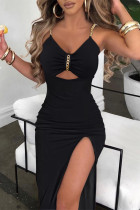 Vestido sin mangas con correa de espagueti y abertura sin espalda con retazos casuales sexy negro Vestidos