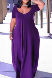 Vestido de manga corta con cuello en V de patchwork sólido de talla grande casual de moda púrpura