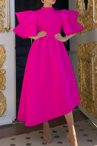 Vestido de noche de cuello alto medio de patchwork sólido formal de moda rojo rosa