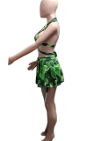 Green Vacation Print Hollowed Out Turndown Collar Sleeveless Three Pieces