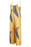 Yellow Casual Print Patchwork Spaghetti Strap Plus Size Jumpsuits