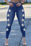 Jeans de mezclilla ajustados de cintura alta de patchwork de estrellas informales de moda azul medio