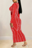 Vestidos de manga larga con cuello en V transparentes con perforación en caliente de retazos sexy de moda roja