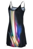 ブルーブラックセクシーカジュアルプリントバックレスVネックスリングドレス
