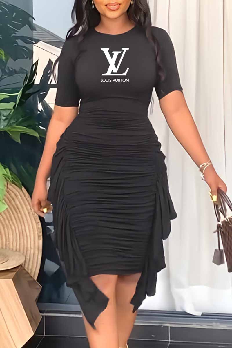 

Black Fashion Celebrities Letter Fold Asymmetrical O Neck One Step Skirt Dresses