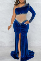 Синие сексуальные однотонные платья в стиле пэчворк с разрезом и горячим дрелью с косым воротником