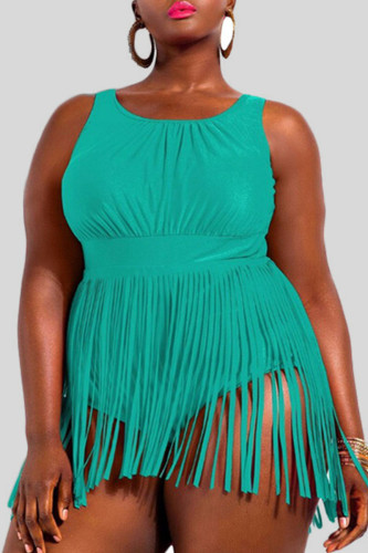 Green Sexy Solid Tassel Patchwork U Neck Plus Size Jumpsuits