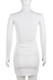 White Fashion Sexy Solid Hollowed Out Patchwork Mandarin Collar Sleeveless Dress