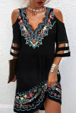 Black Sexy Casual Print Hollowed Out Patchwork V Neck Dresses