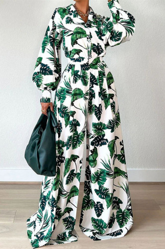 Green Fashion Casual Print Patchwork Turndown Collar Long Sleeve Two Pieces