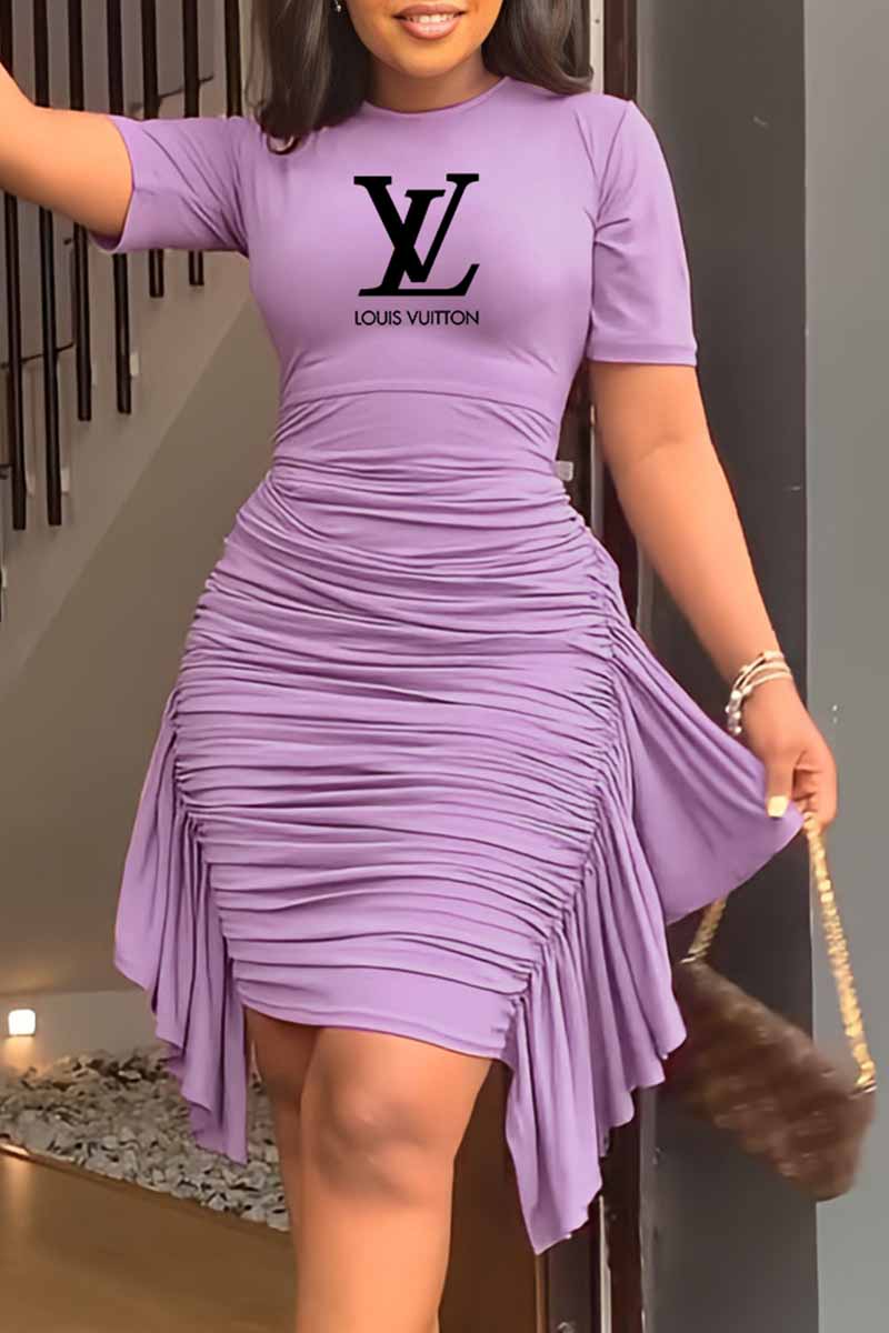 

Purple Fashion Celebrities Letter Fold Asymmetrical O Neck One Step Skirt Dresses