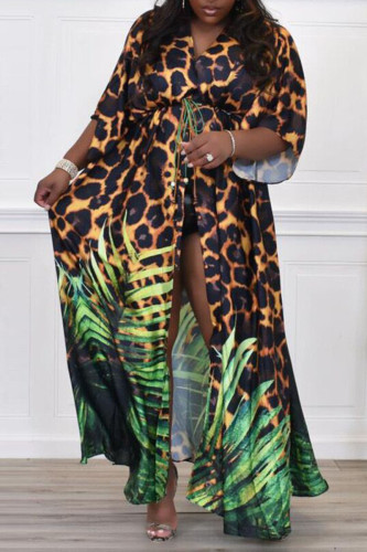 Estampado de leopardo Estampado sexy Estampado de leopardo Hendidura Cuello en V Vestidos rectos de talla grande