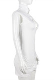 Vestido branco fashion sexy sólido vazado patchwork gola mandarim sem manga