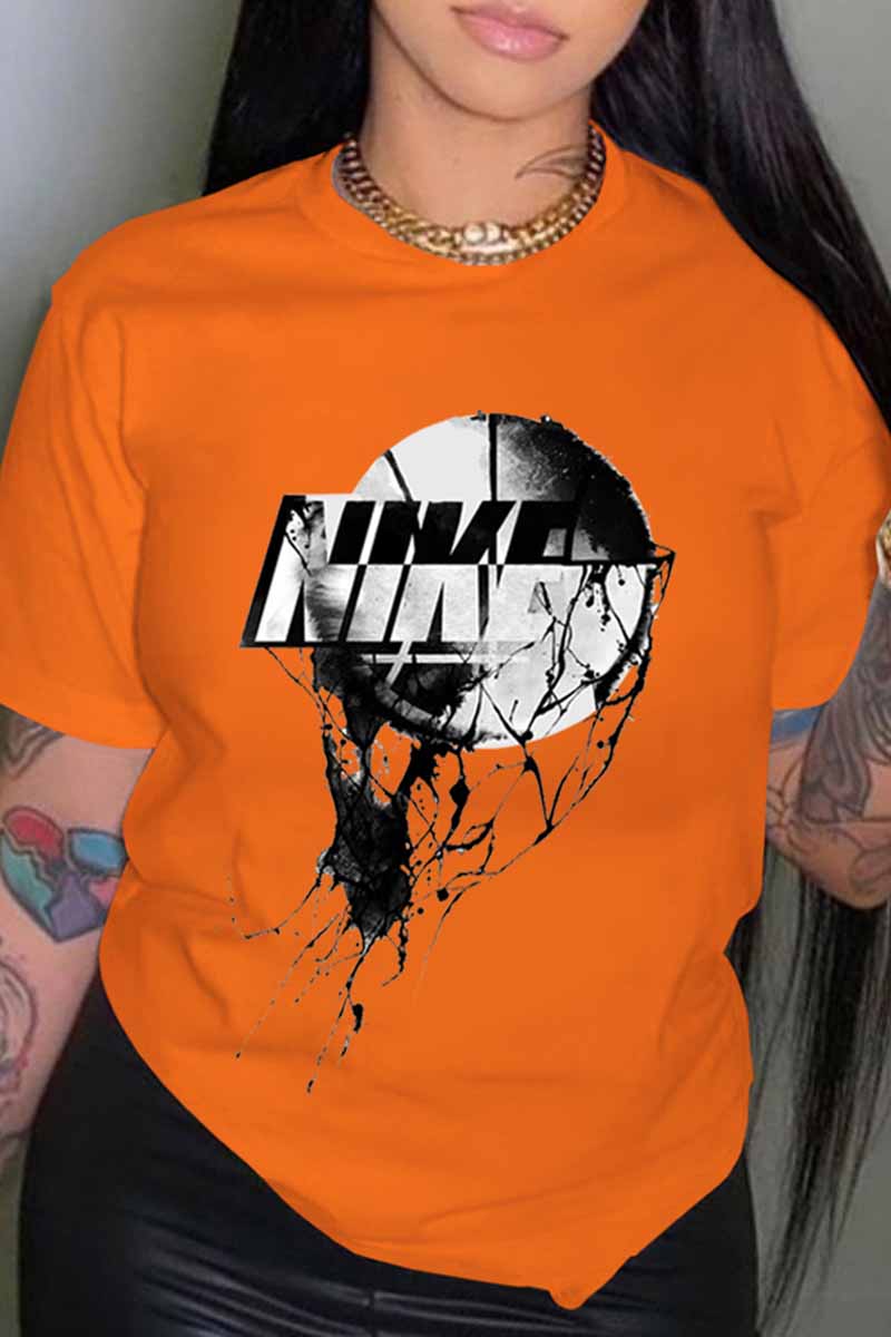 

Orange Fashion Casual Print Letter O Neck T-Shirts